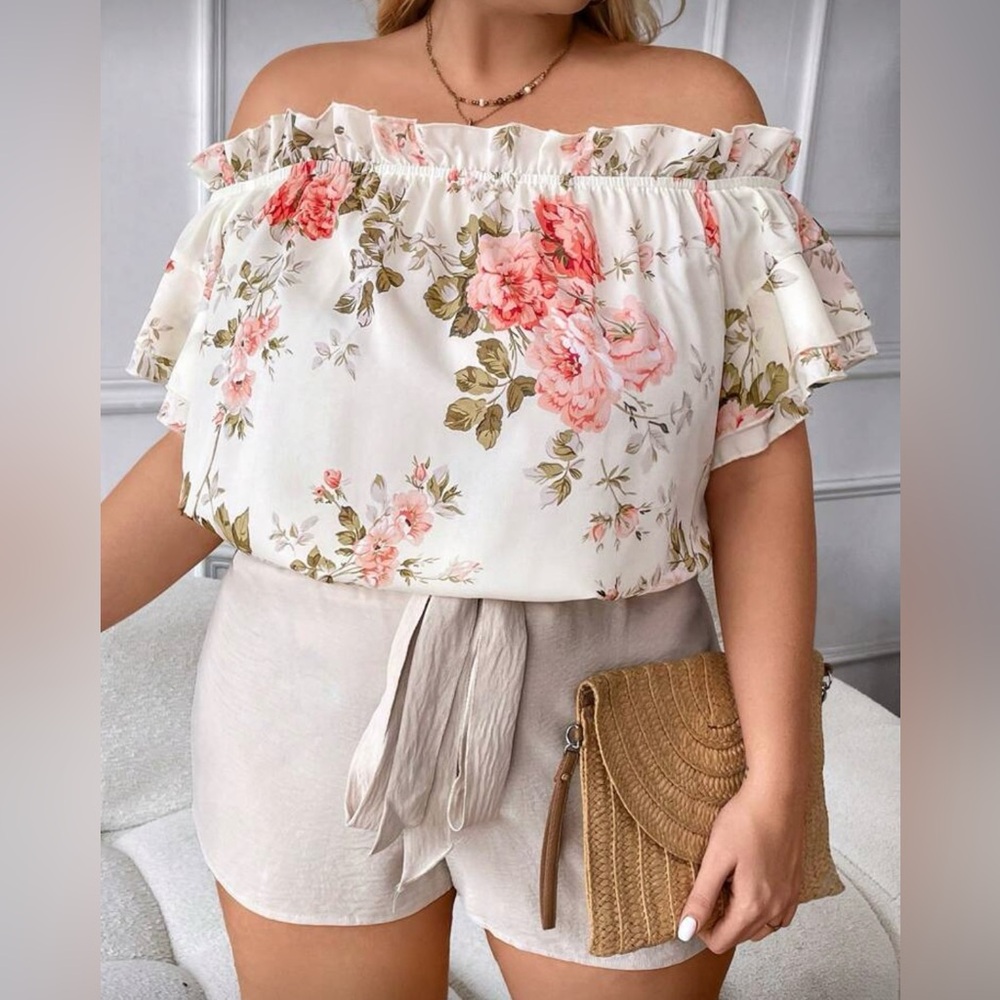 SHEIN Floral Ruffle Off-Shoulder Blouse - Cream and Pink Like New
